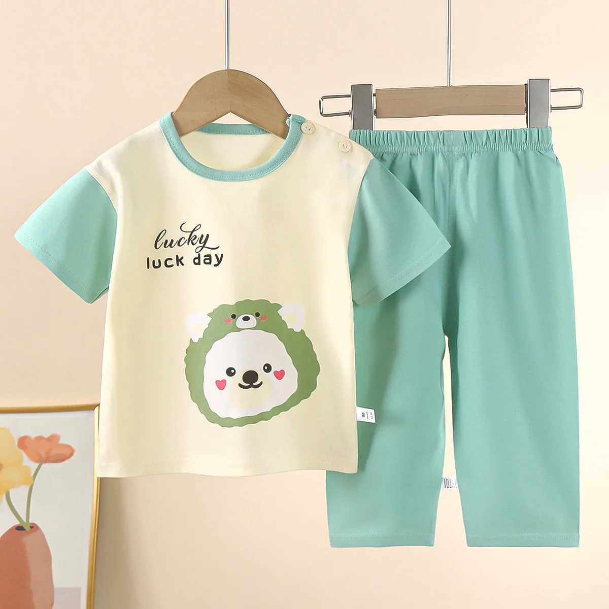 2024 New Childrens Short-Sleeved Suit Pure Cotton Summer Boys T-shirt Girls Home Clothes Baby Pajamas childrens clothing M250306