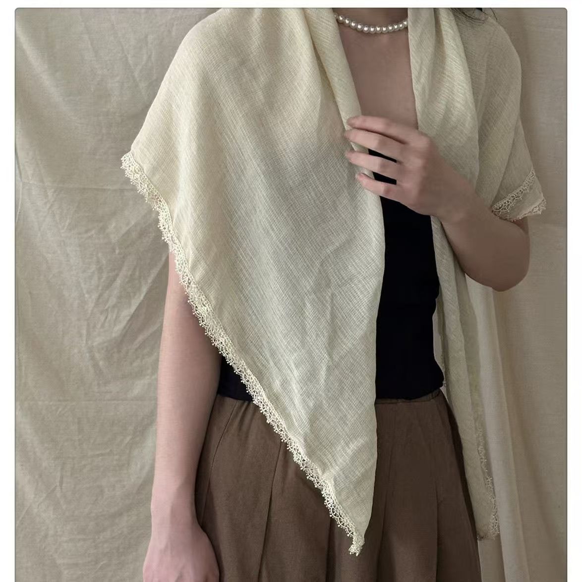 T235 new 2025 high-grade literary retro cotton and linen square scarf all-match sequin headscarf sunscreen scarf shawl niche