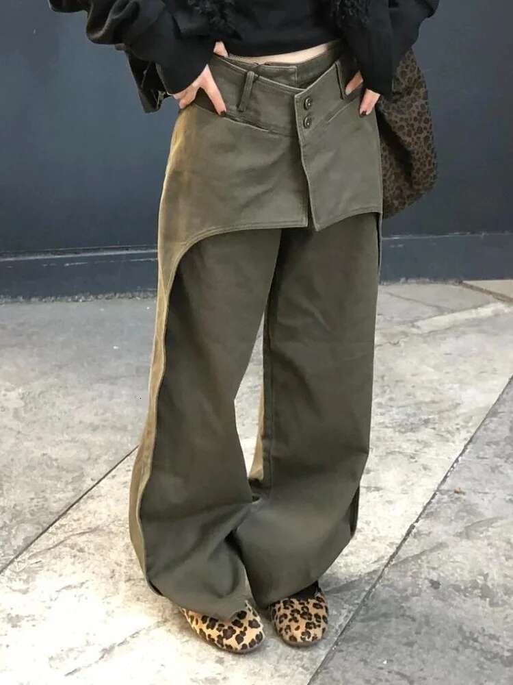 TWOTWINSTYLE Solid High Street Loose Spliced Buttons Jeans For Women Patchwork Zipper Wide Leg Fashion Pants Female Clothing New