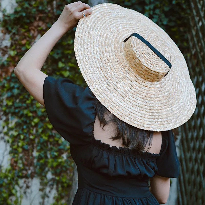 Summer Big Natural Straw Hats For Women Handmand Wide Brim Beach Visor Caps Elegant Flat Top Long Ribbon Lace-Up Sun Hat 250303