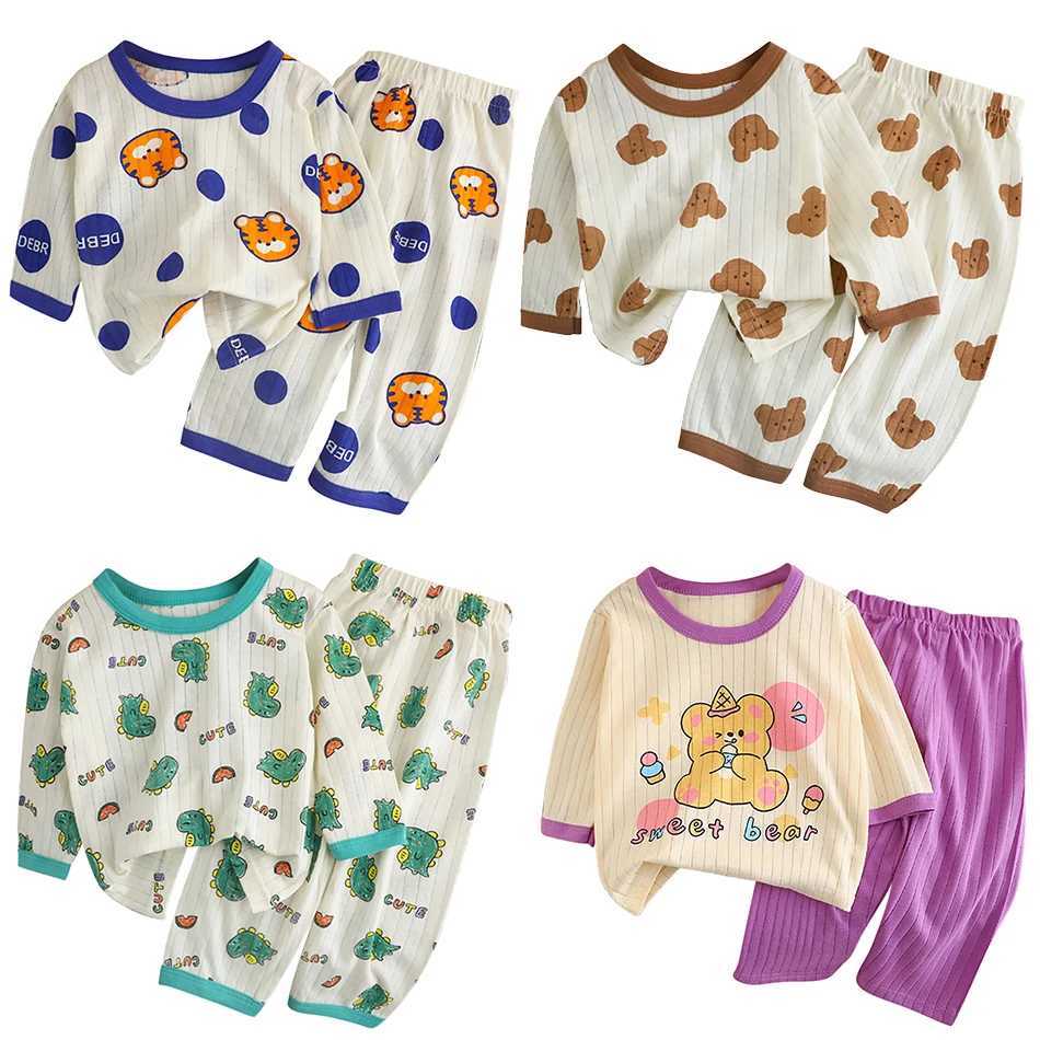 Summer Kids Cotton Long Sleeve and Pants Pajamas Set Soft Breathable Baby Sleepwear Cartoon Bear AC Room Wear Boys Girls Clothes M250306