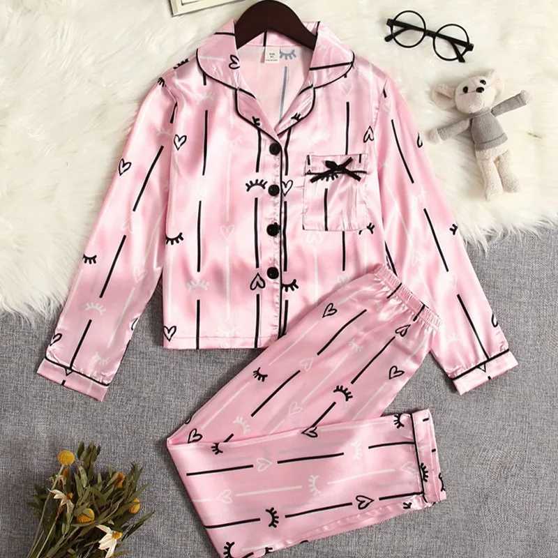 Children Girls Button-Down Silk Pajamas Sets with Short Sleeve Nightwear 2PCS Lounge Sets 6-12 Years M250306