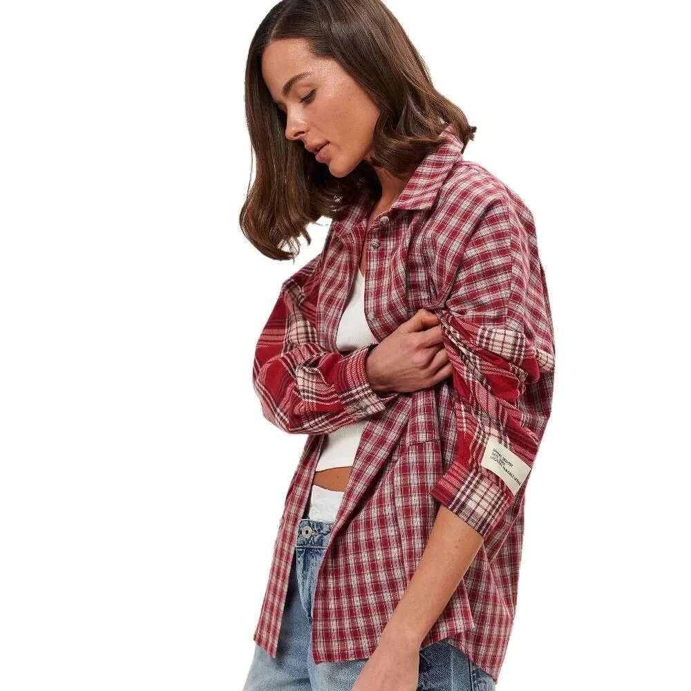 Fashionable Cross-Border New Women's Plaid Top Sensible Niche Design Spring Autumn Cotton Material Shirt Sleeve
