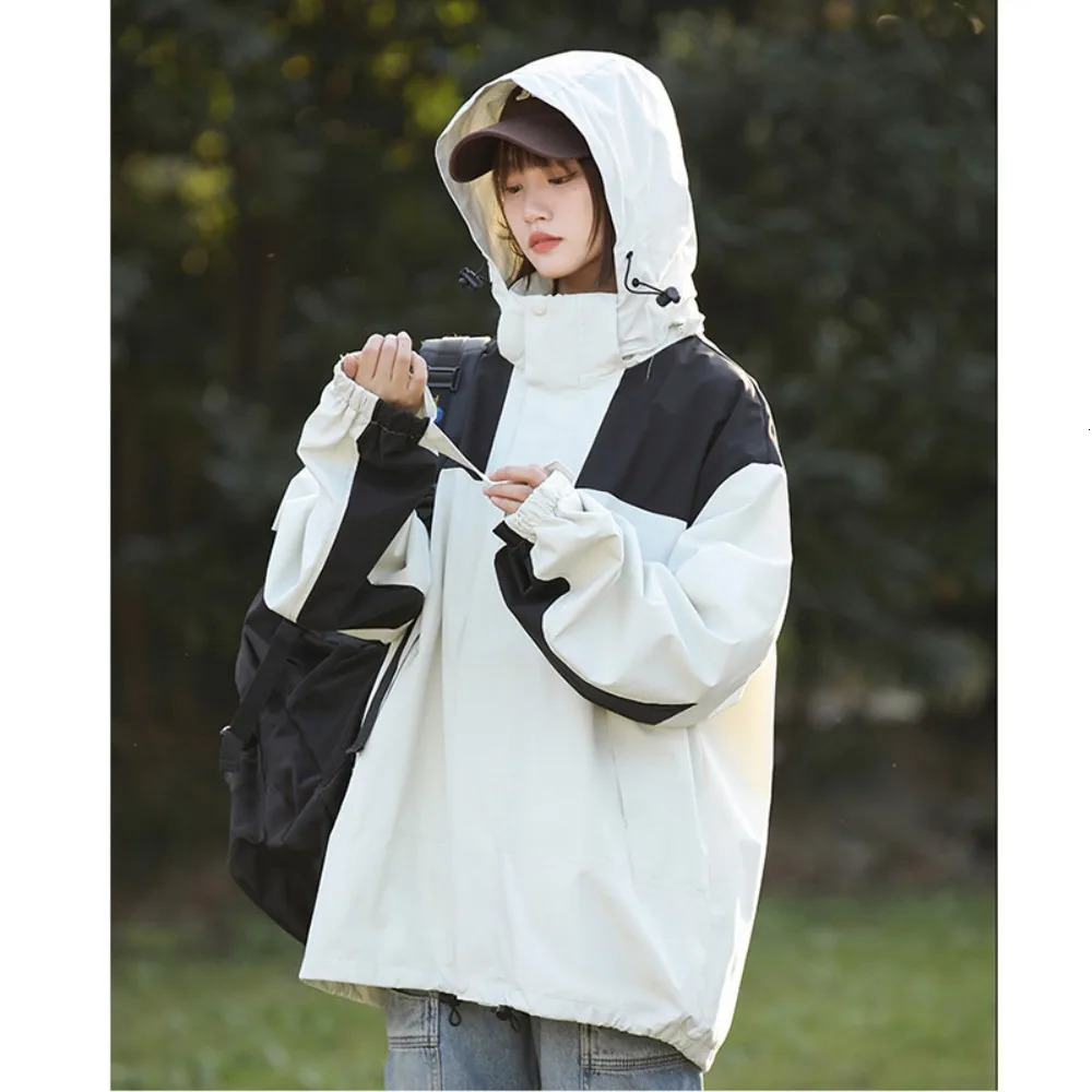 Womens autumn loose waterproof jacket casual fishing climbing hooded windproof outdoor camping unisex 250306