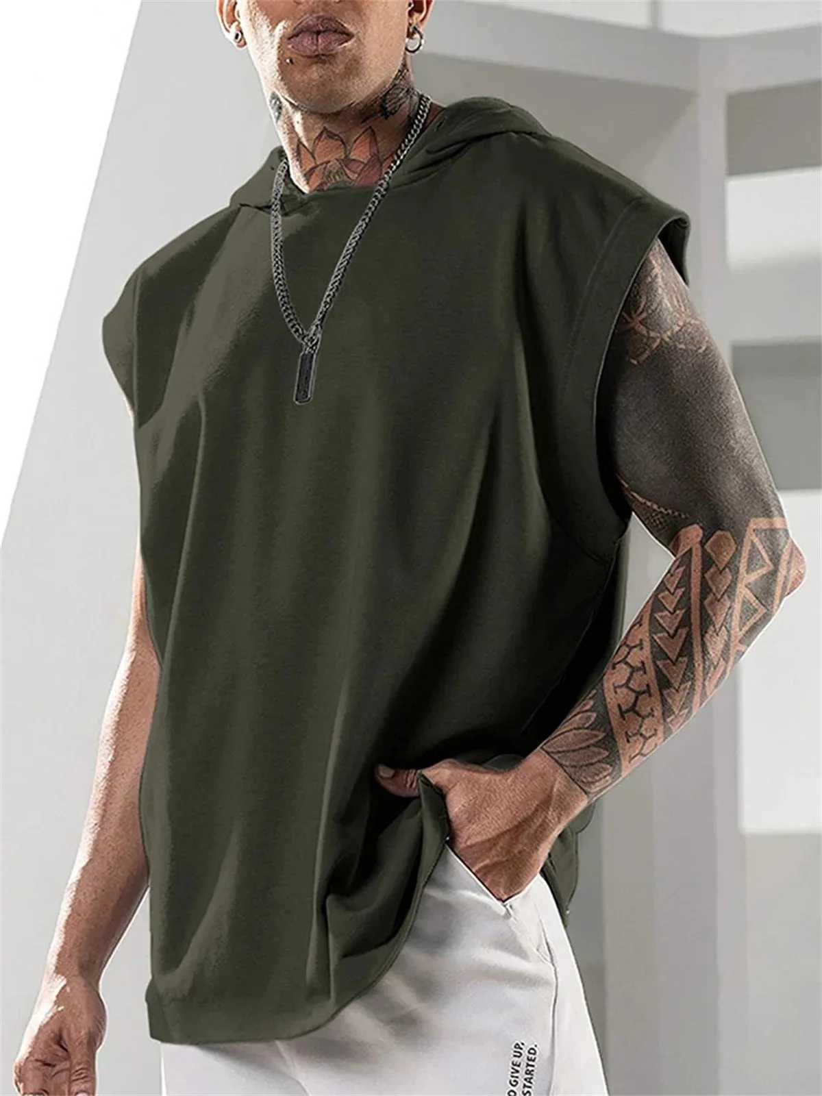 Mens Vest Fashion New Sports Hooded Loose Solid Color Summer Breathable Trend Casual Youth Sleeveless T-shirt TopsT250318