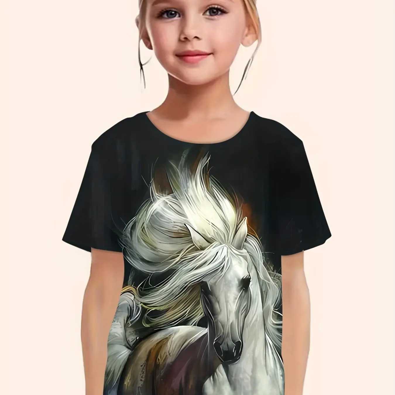 Childrens Clothing Girl Clothes Short Sleeve Girl T-Shirt Casual Vintage Horse Print Kids Summer Clothes Girl Top O-Neck TeesT250306