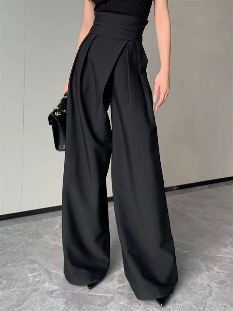 Plusizeshe Spring Autumn Long Soft Black Baggy Wy Wide Leg Pants For Women High Waist Elegant Chic Clothes Trousers