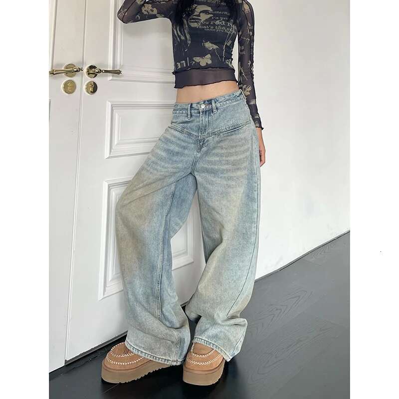 Women's American Vintage Y2k Washed Thin Jeans Street Casual Neutral Style Blue Denim Trousers Female High Waist Straight Pants
