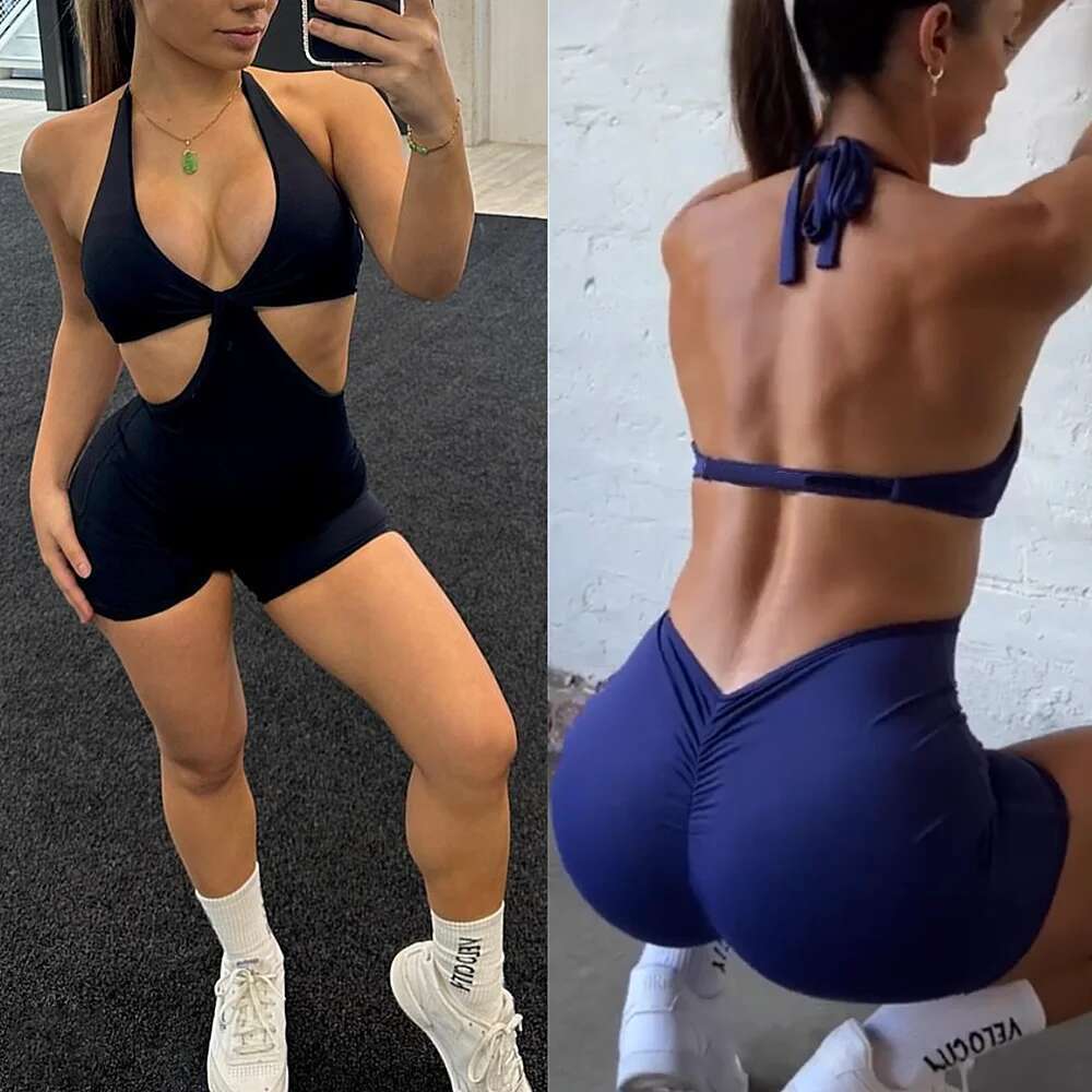 New Pad Halter Deep V Neck Clothes Dance Sport Elastic Hollow Bodywork Bodybuilding Yoga One-Piece Pants KLMY