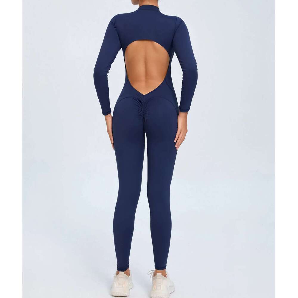 Women Long Sleeve Jumpsuit One-Piece Zipper Yoga Set Gym Push Up Workout Clothes Fiess Bodysuit Sportswear KLMY