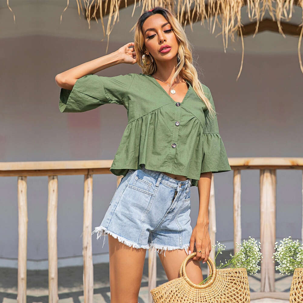 Women's Clothing Summer Loose Casual V-Neck Single Breasted Solid Color Small Fresh Shirt Cardigan Top KLMY