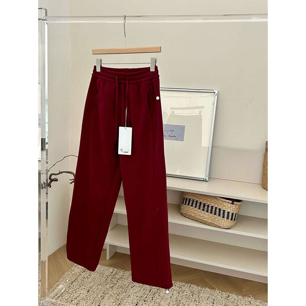 Winter New Style Plush Drawstring Elastic Waist Straight Wide Leg Versatile Warm Casual Pants Solid Color