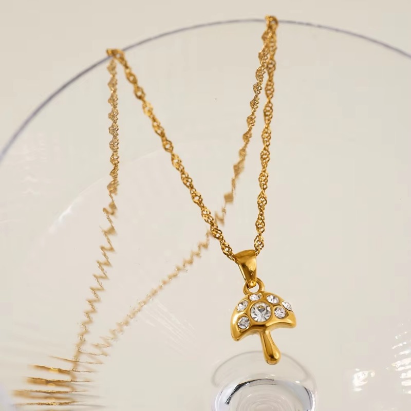 Jewellery 18K Gold Plated Tarnish Free Bohemia Stainless Steel Snowflake Zircon Mushroom Pendant Necklace for Special Occasions Gift Textured Elegant 