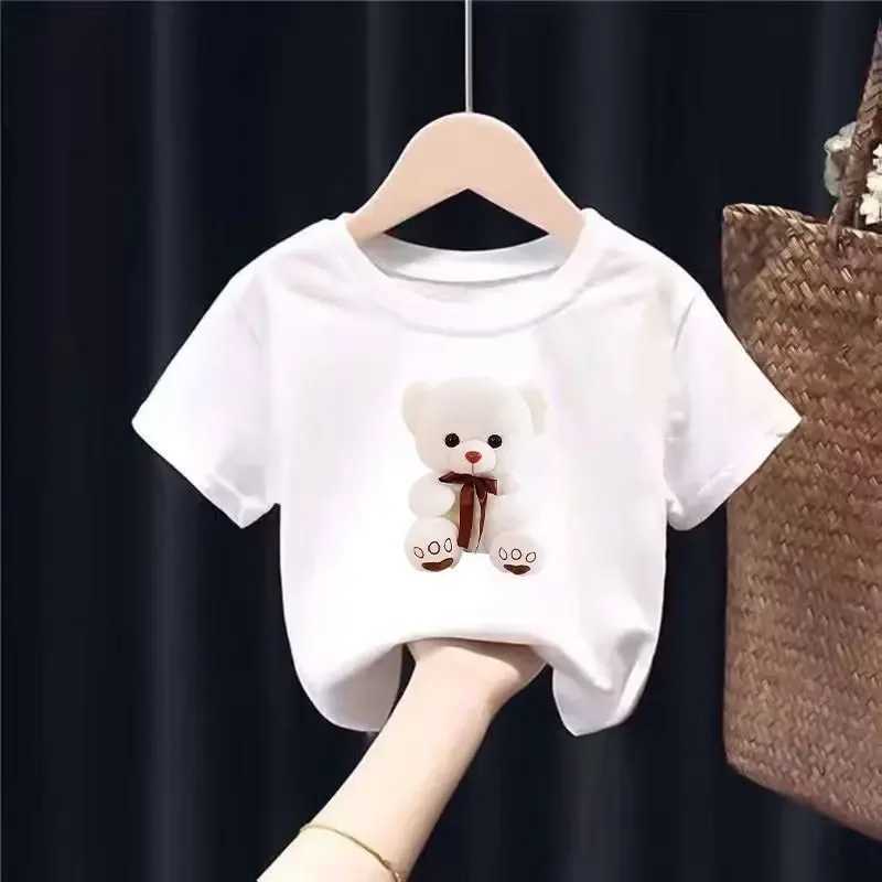 Cartoon Little White Bear Printed Round Neck T-shirt Short Sleeve Casual Boys and Girls New Trend Childrens Clothing TopT250306