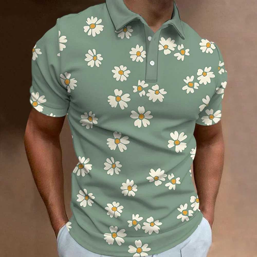 Mens Polo Shirt Summer Street Casual Short Sleeve Flower Print Buttons Tops Fashion Pullover Oversized Clothing Male Wear X250306