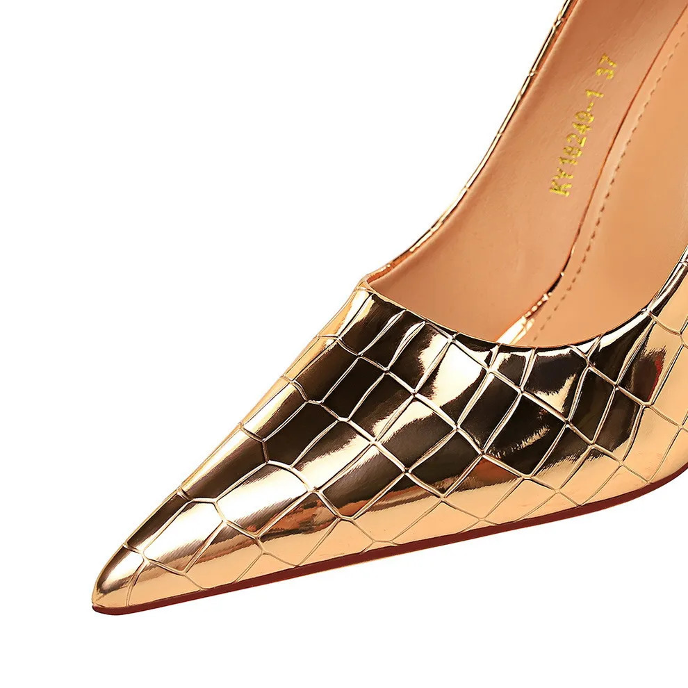 Retro Metal Stone Pattern Shallow Shoes Patent Leather Pointed Toe 10cm High Heels Female Party Office Pumps Black Gold 250306