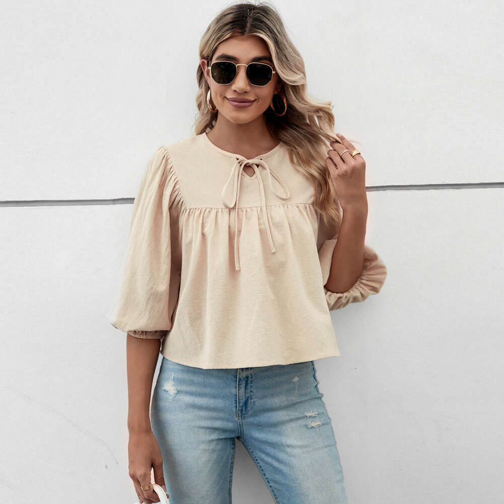 Round Neck Bow Loose Fit Five Quarter Sleeve Women's Pullover Sweet Top KLMY