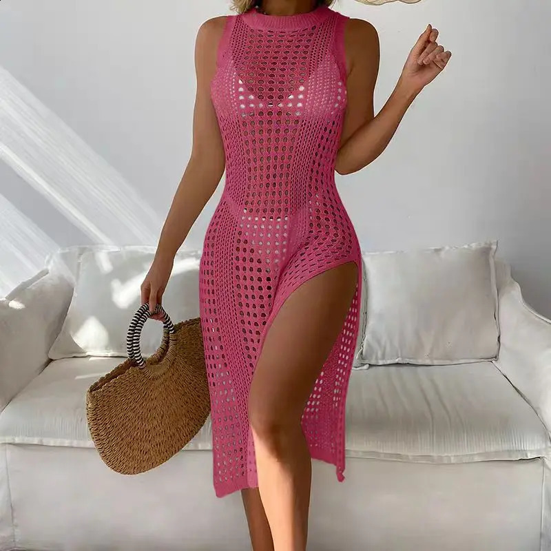Abrini Women Hollow Out Crochet Cover Up Swimwear Sleeveless Bikini Dress Smock Split Sexy Beach Knitwear Solid Swimsuit 250226Z