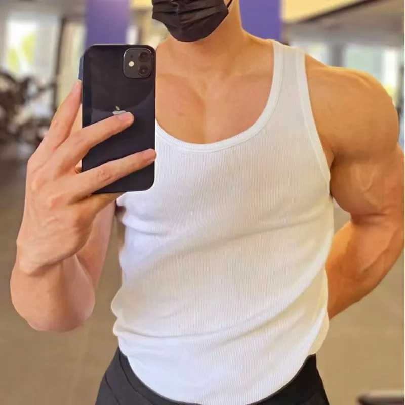 Mens Fitness Vest Cotton Breathable Vertical Striped Sleeveless Tops Solid Color Sports Casual Tank Gym Muscular Men ClothesT250318