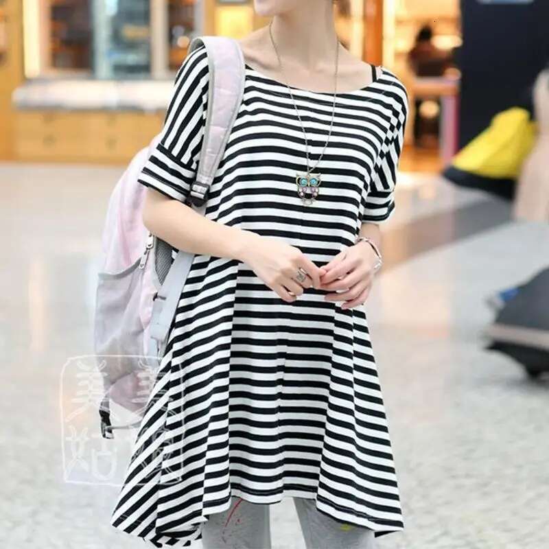 Black White Striped T-Shirt Women In Spring And Summer New Short-Sleeved Chiffon Loose Top Round Neck Pullover Mid-Length