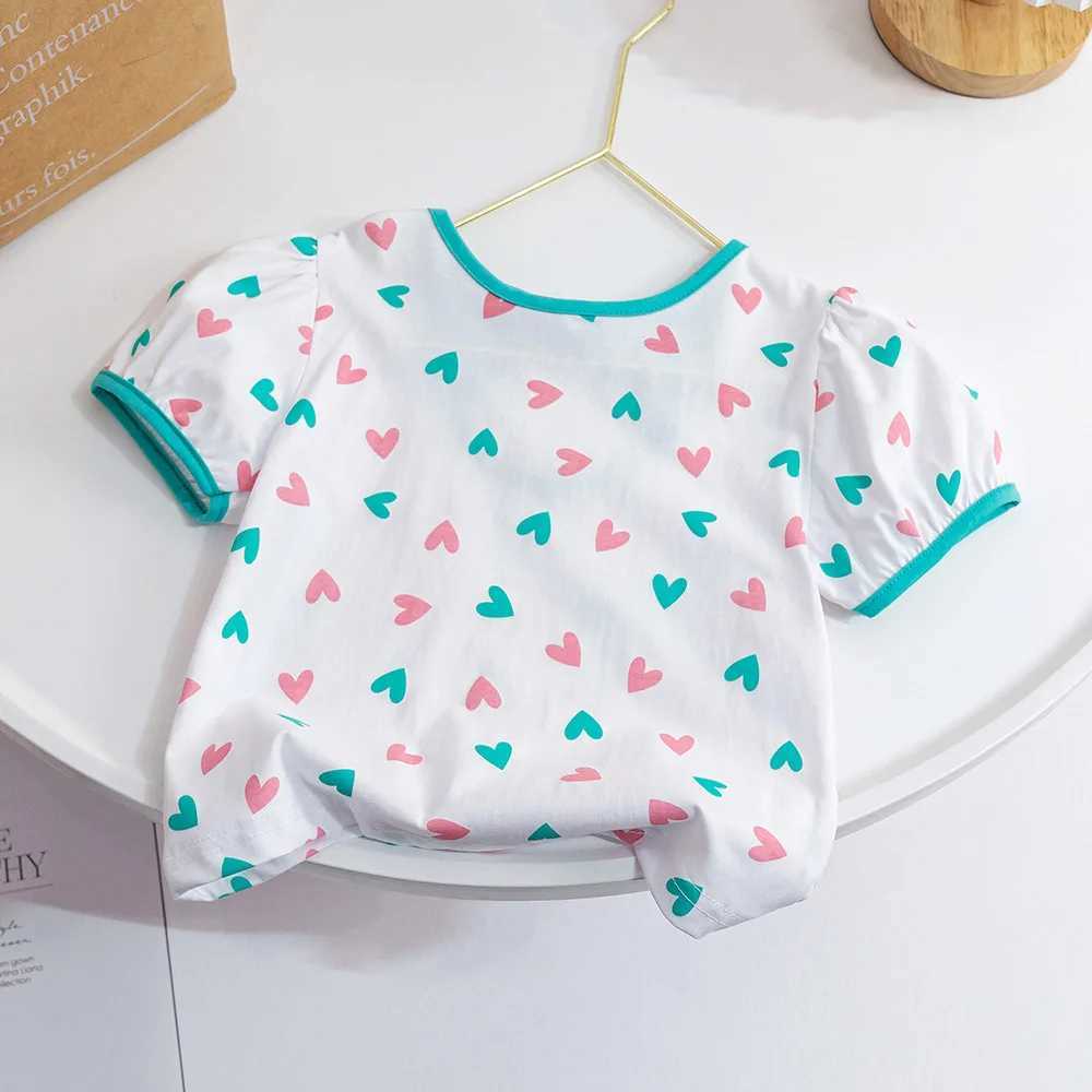 Summer Baby Girls Floral T-shirts Korea Style Bow Puffy Sleeve O-Neck Shirts Kids Girl Tops Children Clothes Tees 1-6Years OldT250306