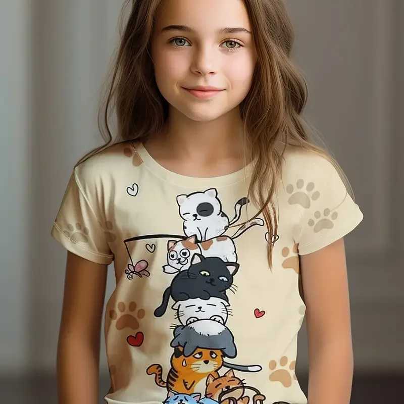 Kids Clothes Childrens T-Shirt Girl Short Sleeve Top Cartoon Cat Kawaii Girls Summer Clothes Child T-Shirt Childrens ClothingT250306