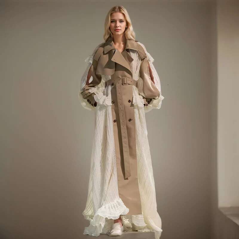 DEAT Fashion Lace Patchwork Trench Coat Women's Lapel Loose Double Breasted Sashes X-Long Windbreaker Spring 2025 New