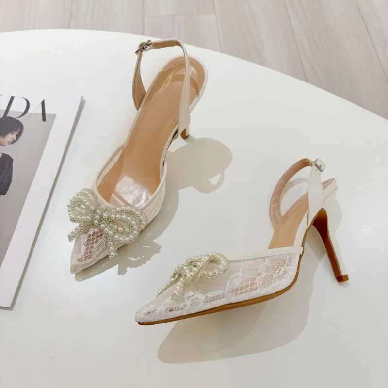 New Summer Wens High Shoes Pearl Bow Lace Pointed Sexy Versatile Sandals Closed Toe Single Shoes Y250306