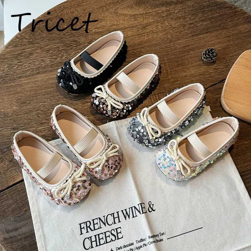 New Bling Girls Flats Shoes Bow Paillette Shallow PU Children Ballet Flats Elastic Band Non Slip Toddler Kids Princess ShoesT250306