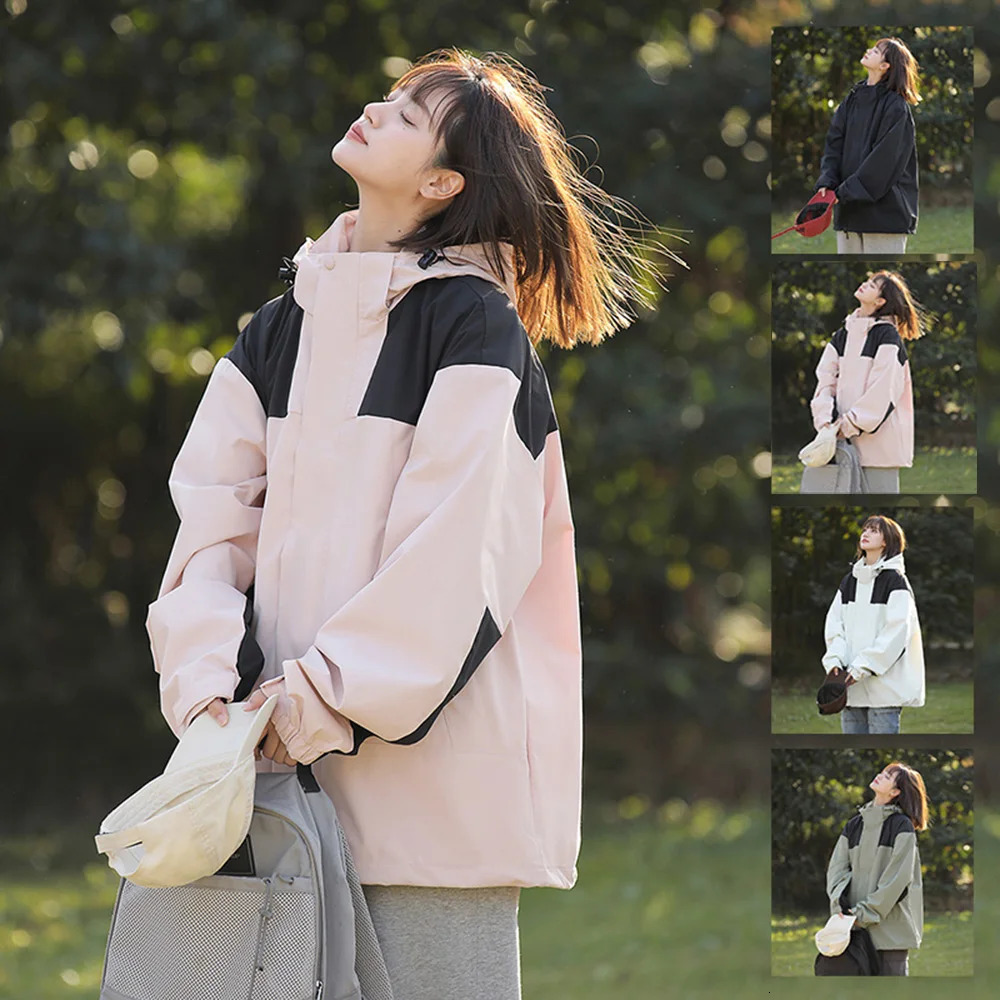 Womens autumn loose waterproof jacket casual fishing climbing hooded windproof outdoor camping unisex 250306