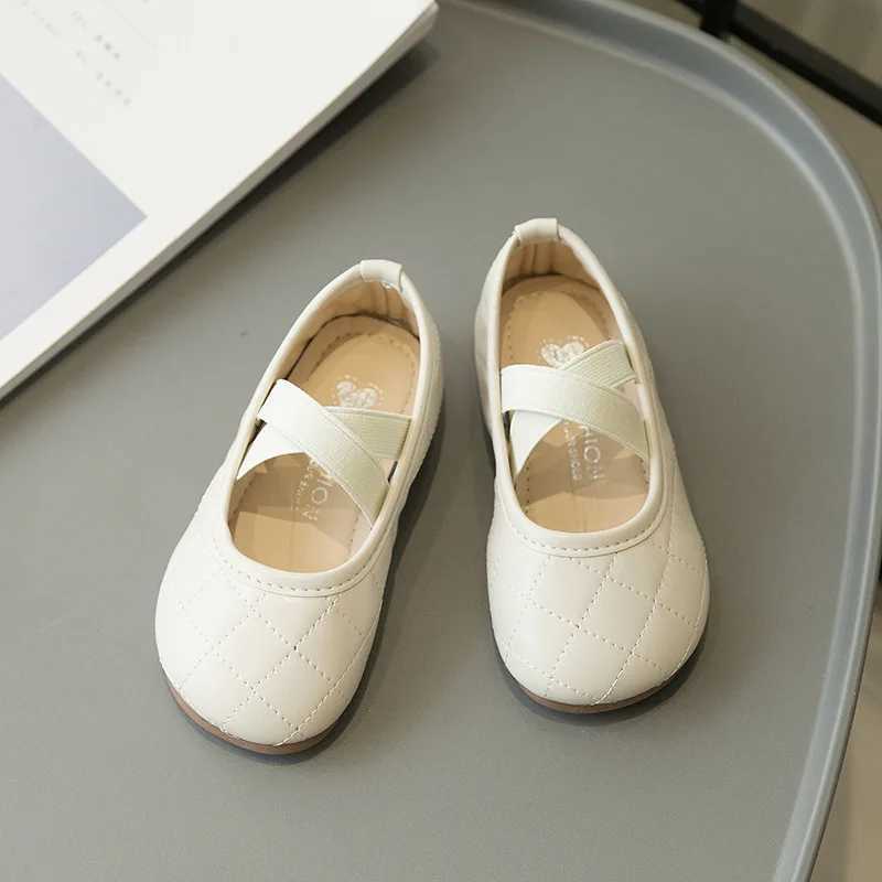 New Princess Plaid Leather Girls Shoes Soft Comfortable Cross Strap Kids Shoes Sweet Wedding Dress Party Flats Mary Jane ShoesT250306