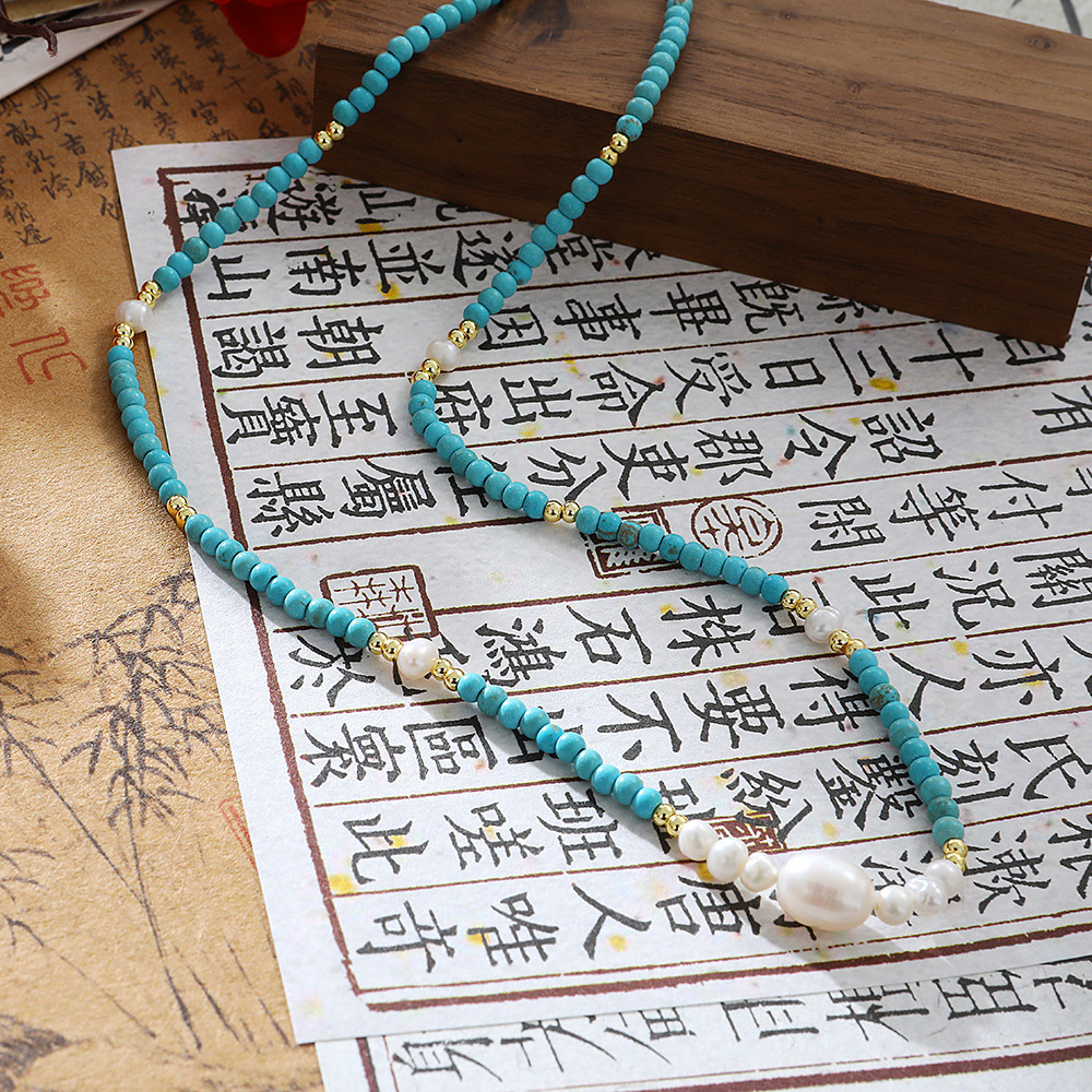 Ins Retro Turquoise Fresh Water Pearl Beaded Necklace Women's Fashion High Sense Simple Choker Collarbone Chain Jewelry