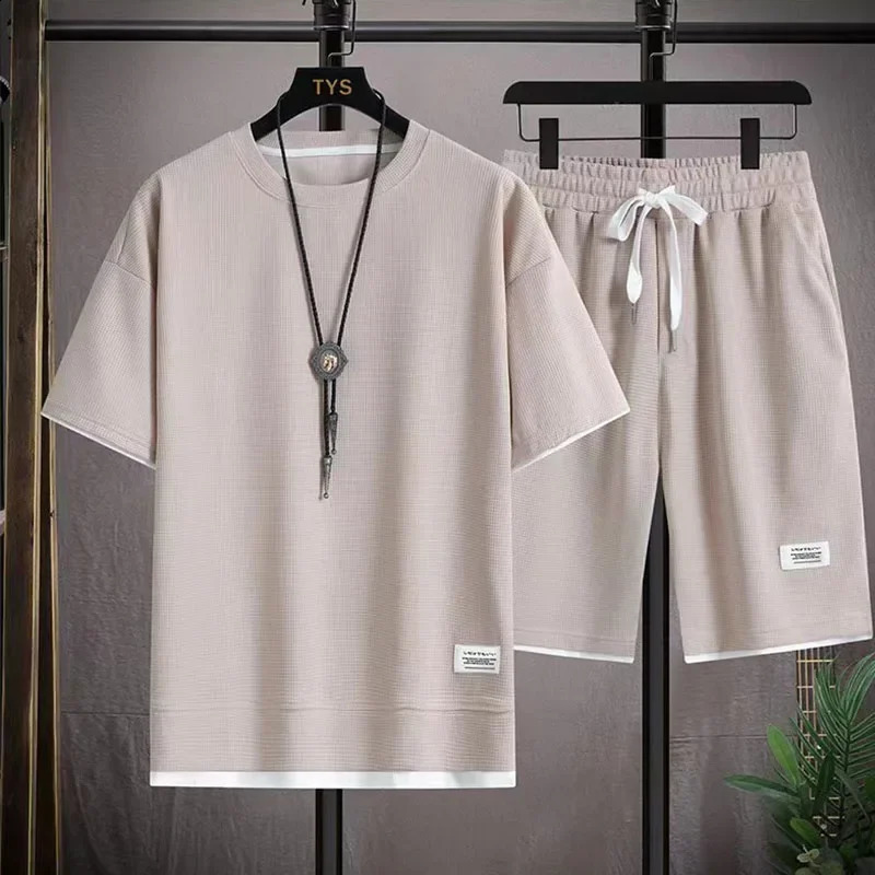 Summer Mens TShirt and Shorts Sets Casual Solid Color Two Piece Set Waffle Fabric Tracksuit mens Fashion Clothing 250305