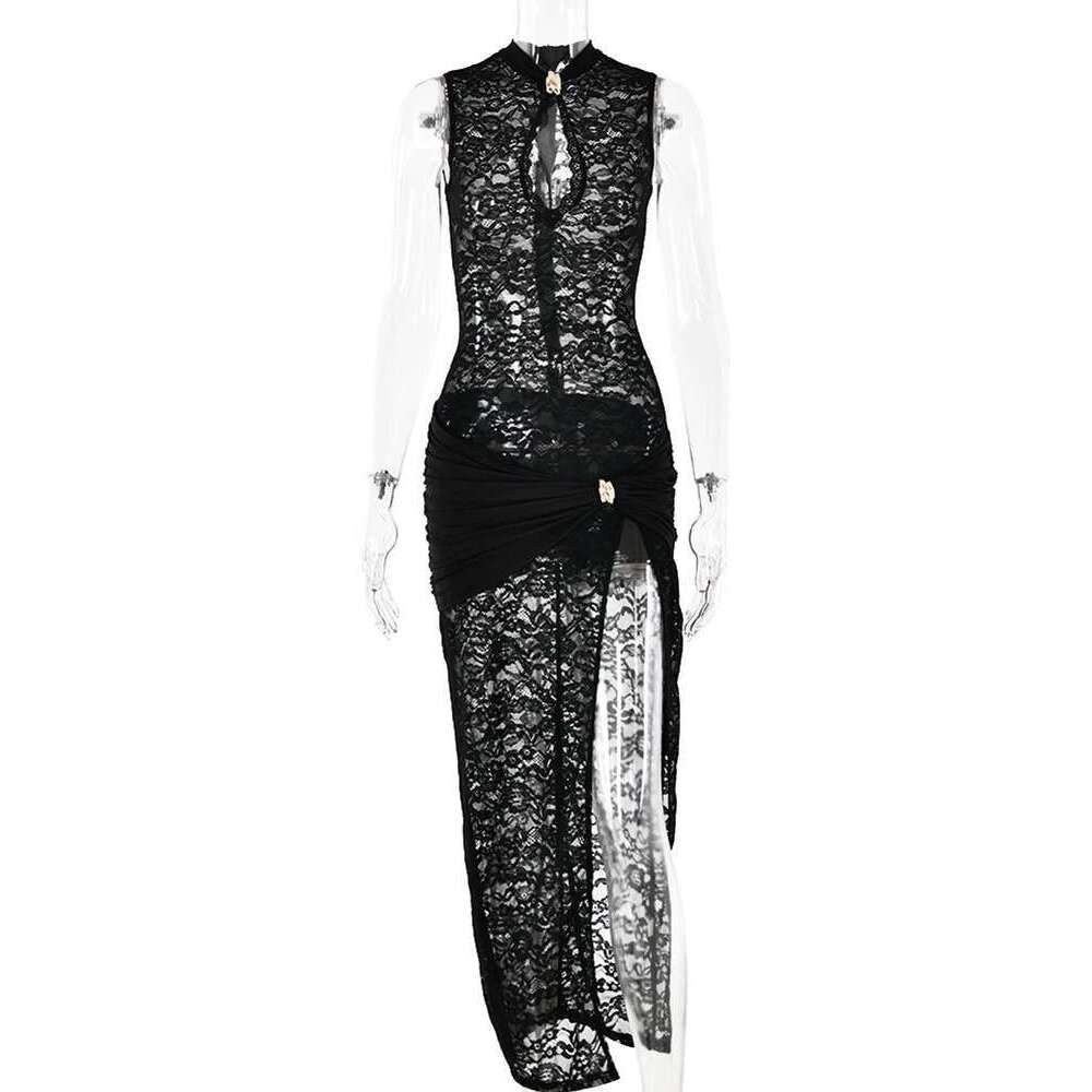 Sibybo Black Lace Long Dress For Women Sleeveless Hollow Out High Slit Bodycon Evening Dresses Sexy Slim Party Vestidos KLMY