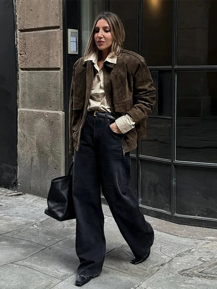 Casual Suede Jacket For Women With Pockets Vintage Turndown Collar Full Sleeve Zipper Female Bomber Spring Solid Ladies Suit 250306
