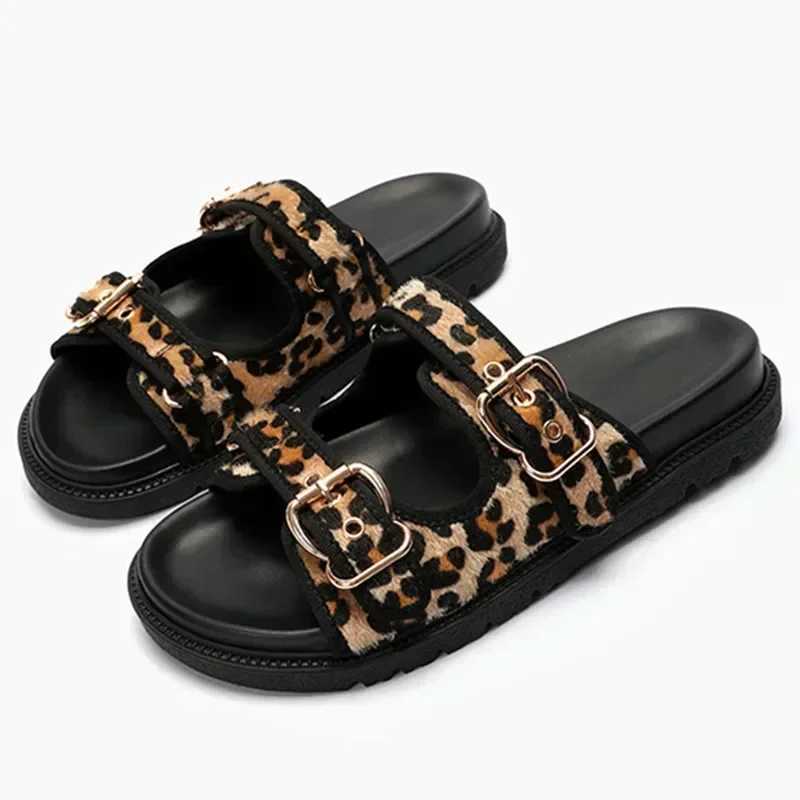High Quality Leopard Metal Buckle Design Wen Slippers Sexy Cfort N Slip Slide Sandals Summer Size 43 Platform Flip Flops Y250306