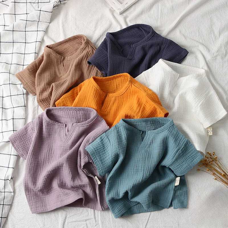 0-8Yrs 100%Cotton Childrens T-shirt for Boy and Girls Muslin Tops Shirts 2025 V Neck Short Sleeve Boys Tees Kids Girls ClothesT250306