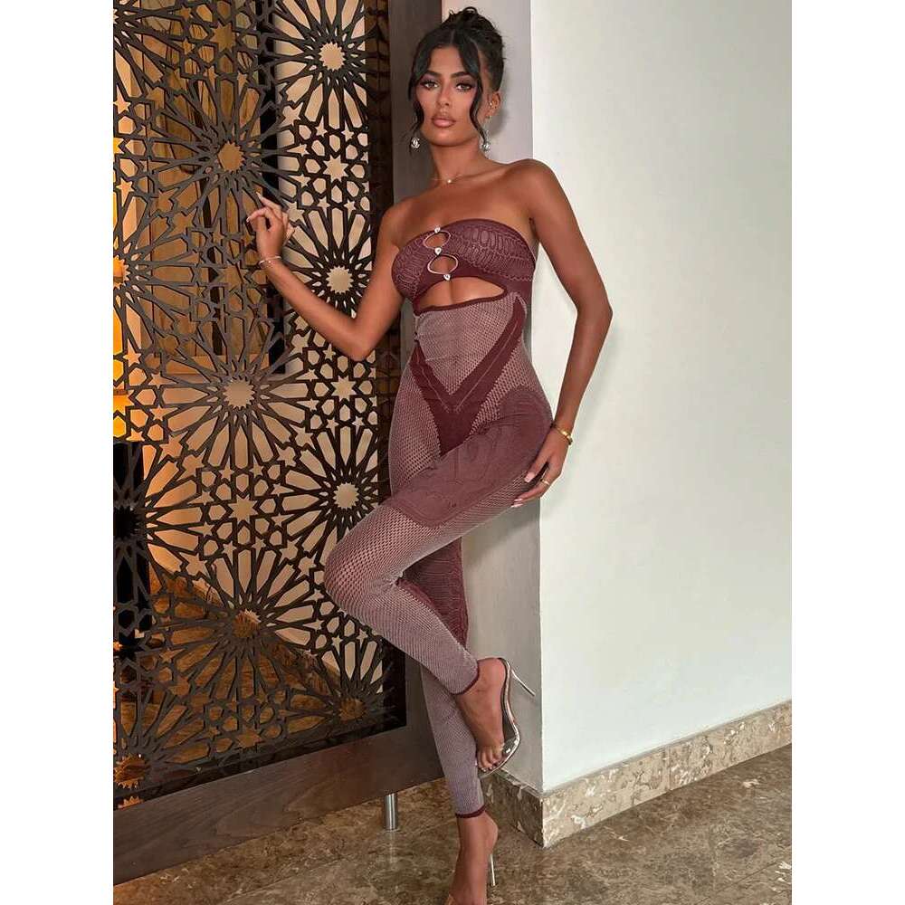 Sibybo High Stretch Hollow Out Jumpsuits For Women Patchwork Strapless Backless Slim Bodycon One Piece Overalls Fashion Rompers KLMY