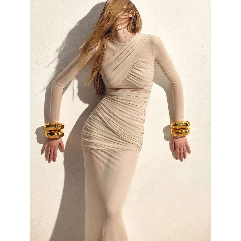 Sibybo Mesh Patchwork Sheer Maxi Dress For Women Sexy Ruched Long Sleeve Bodycon Party Club Evening Dresses Elegant Vestido Robe KLMY