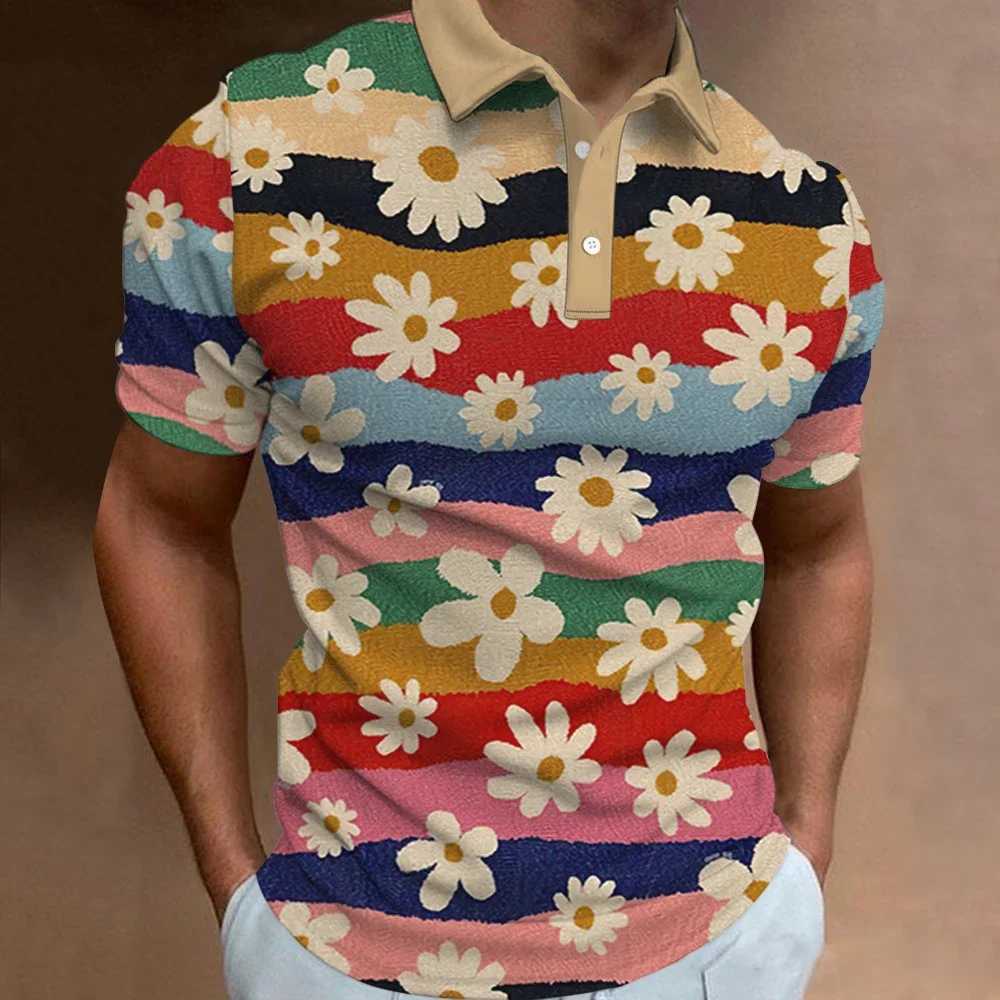 Mens Polo Shirt Summer Street Casual Short Sleeve Flower Print Buttons Tops Fashion Pullover Oversized Clothing Male Wear X250306
