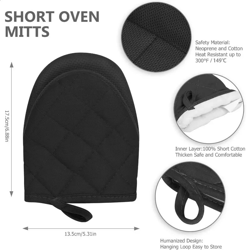 1 Pair Short Oven Mitts Silicone Kitchen Oven Gloves High Heat Resistant 500 with Non Slip Grip Surfaces and Hanging Loop Black 250305
