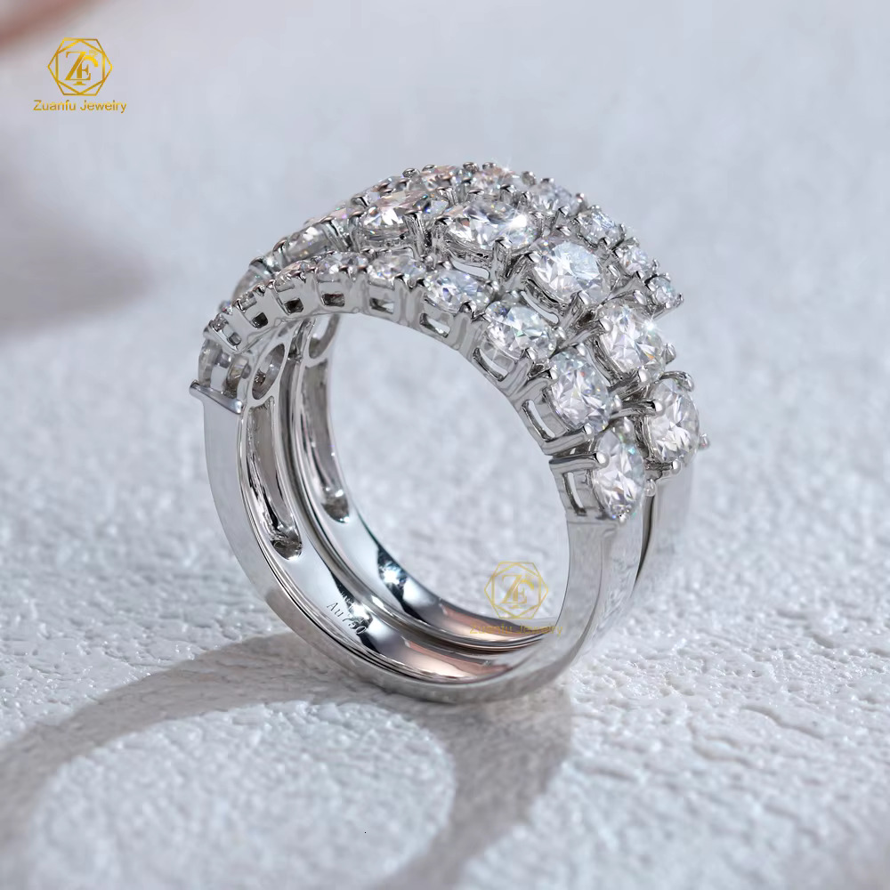 3 Rows 1.6mm - 4mm D VVS Moissanite Hip Hop Ring Wedding Jewelry 18K White Solid Gold Diamond Eternity Band Eternity Ring