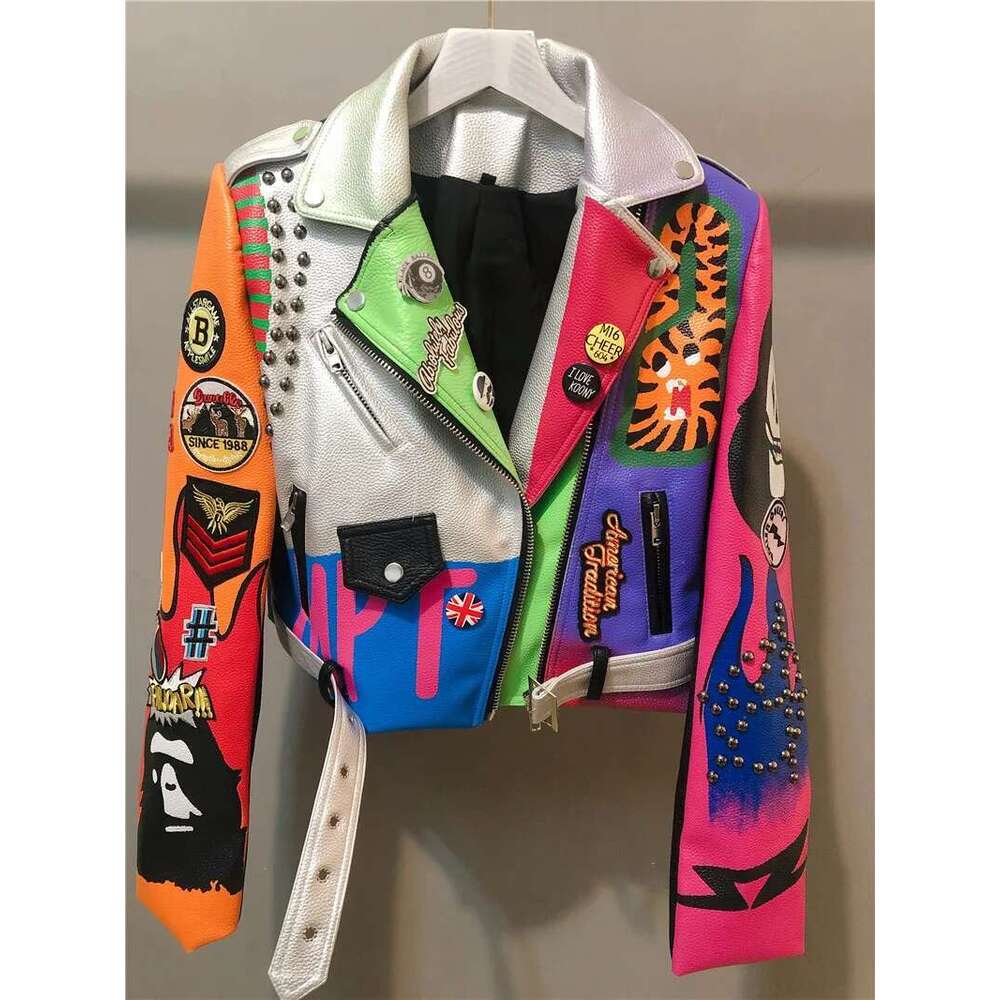 3Xl Women And Men Rivet Beading Pu Jacket Hit Color Streetstyle Graffiti Outerwear Letters Printed Leather Jackets