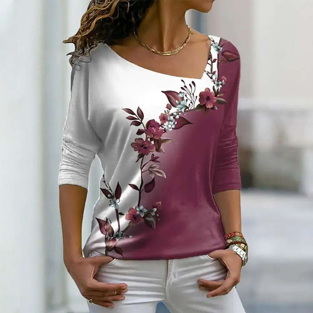 Women Autumn Top Wer Print Contrast Color Long Sleeves V Neck Pullover Warm Soft Ral Pattern Lady T-Shirt Female Clothes