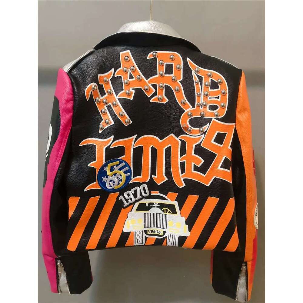 3Xl Women And Men Rivet Beading Pu Jacket Hit Color Streetstyle Graffiti Outerwear Letters Printed Leather Jackets