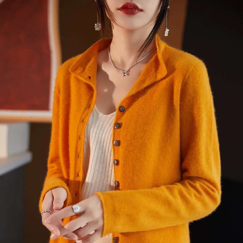 Women's Long Sleeved Solid Color Button Up Australian 100% Wool Cardigan Autumn And Winter French Fashion Knitted Jacket