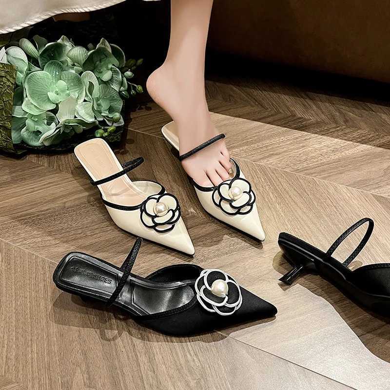 Low Slippers Soft Flat Shoes Fem Slippers Wen Beige Heeled Sandals Slides Pointed Toe Flower String Bead Med Fi Cfort Y250306