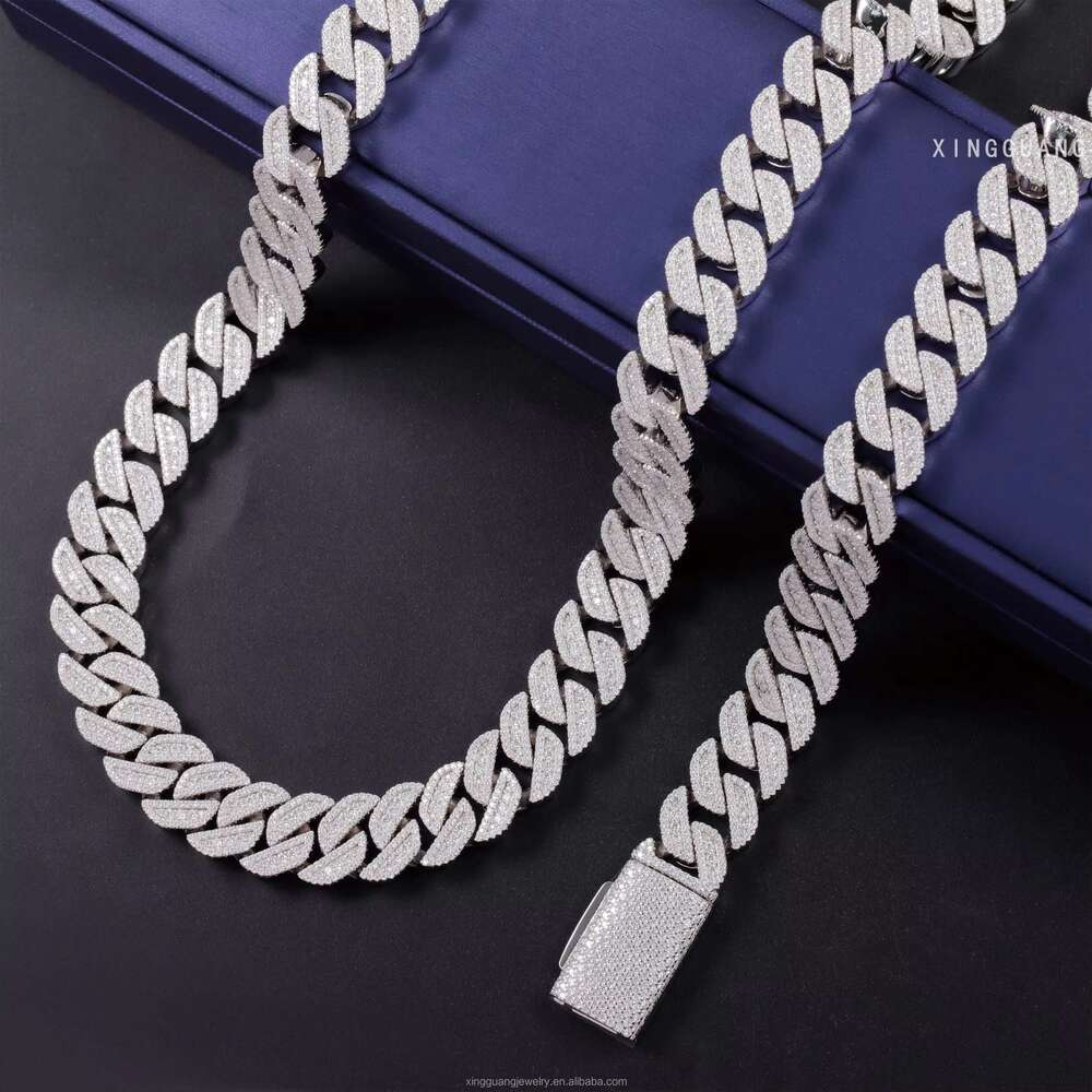 Heavy Hip Hop Necklace 15Mm 3Rows Rhombus S Sier White Gold Plated Moissanite Dia Cuban K Chain