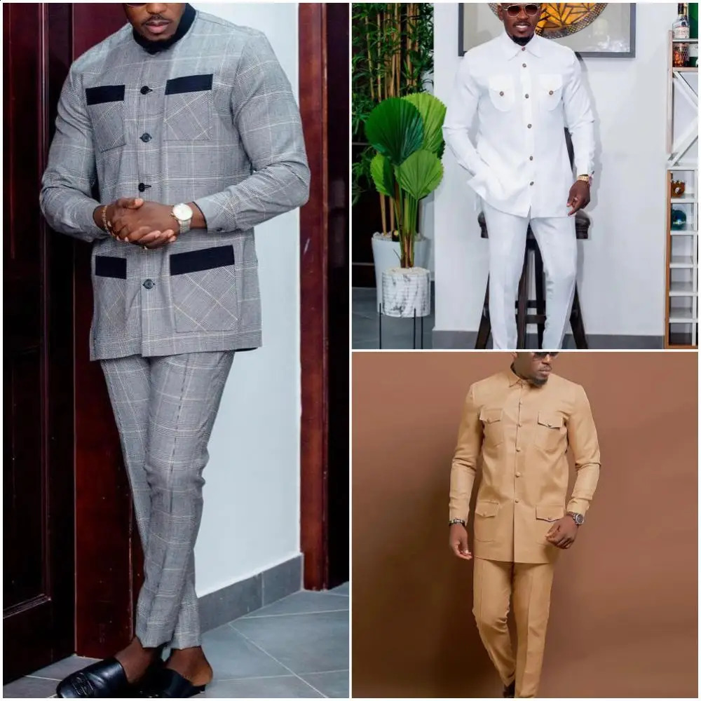 Elegant African Style Mens Suit Plaid Stripe Single Breasted Suit and Pants 2 Piece Casual Business Suit for Men 250303