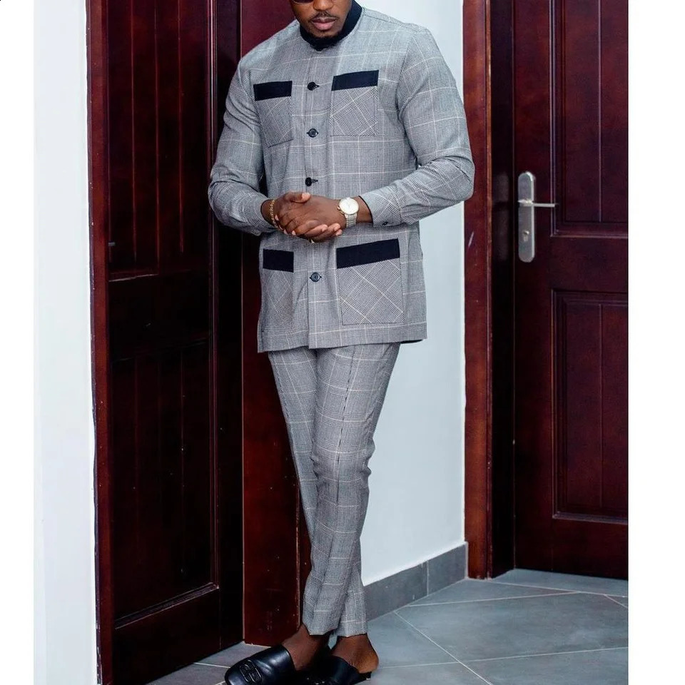 Elegant African Style Mens Suit Plaid Stripe Single Breasted Suit and Pants 2 Piece Casual Business Suit for Men 250303